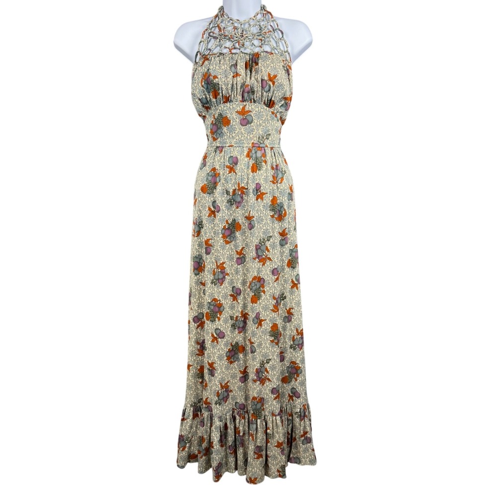 Vtg 70s Joseph Magnin Maxi Dress Womens Fruit Floral Crochet Halter Boho Prairie